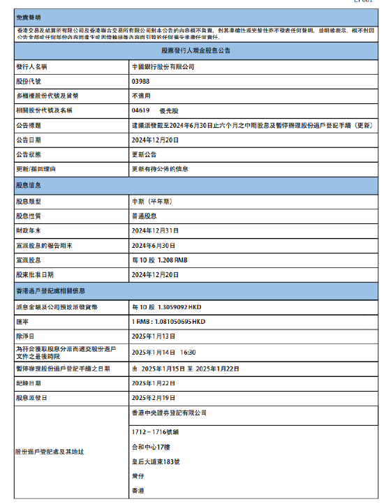 中国银行：将于2025年2月19日派发中期股息每10股1.208元